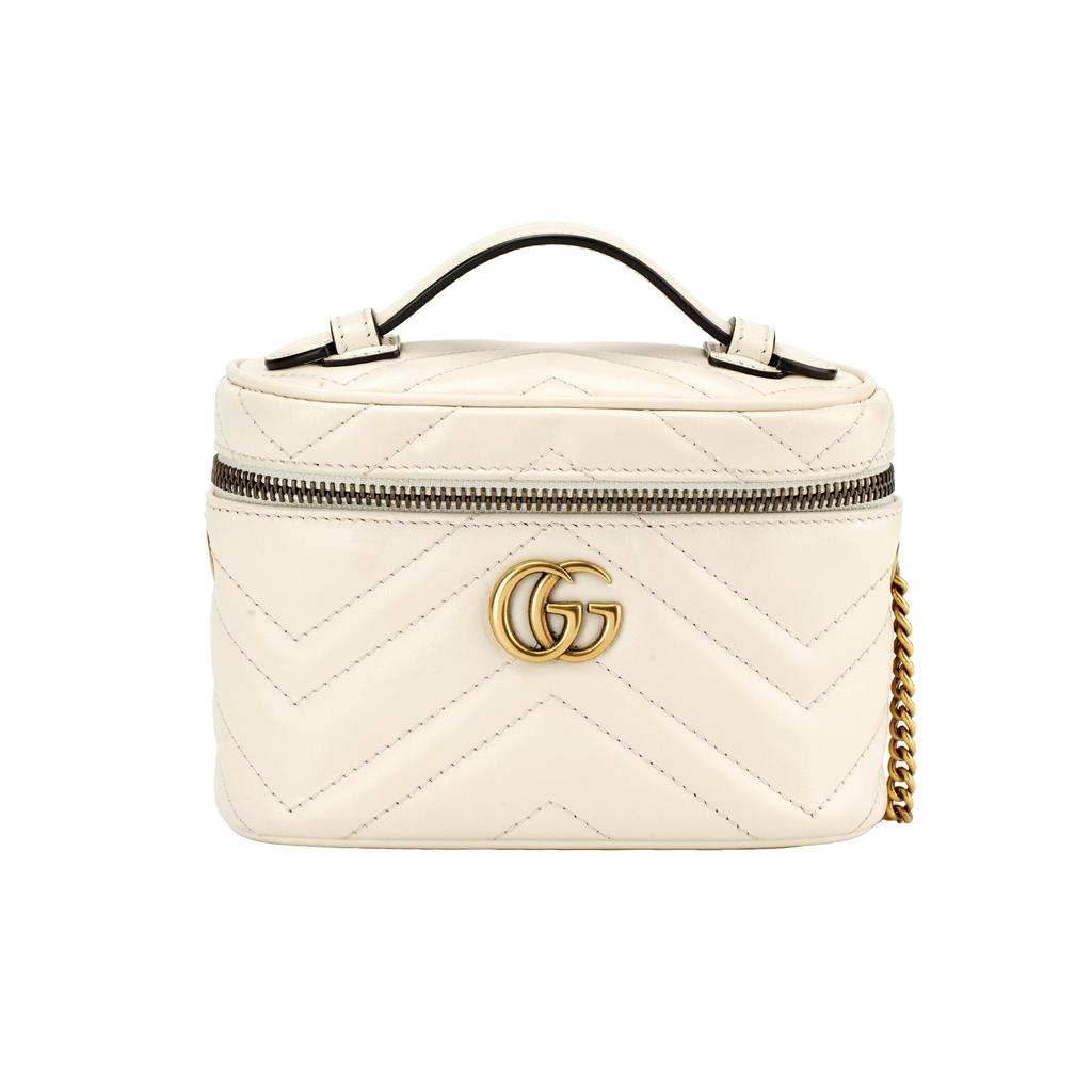 Gucci GG Marmont White Leather Chevron Quilted Mini Vanity Case Crossbody Bag For Women Daily Use