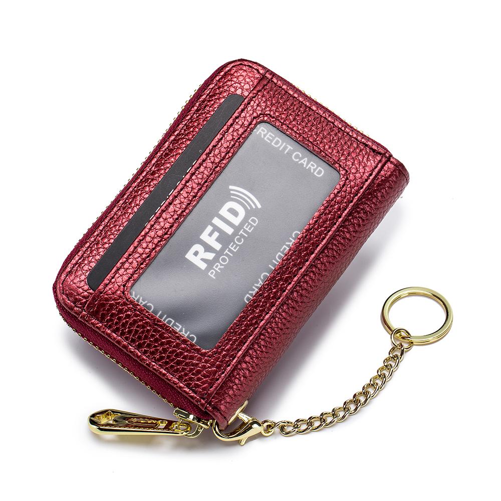 Genuine Leather Men Women Rfid Credit Card Holder Small Zipper Wallet Solid Coin Purse Key Ring ID Pocard Slot Mini Money Bag