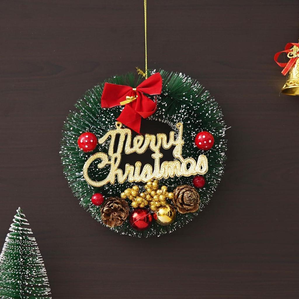 Green Merry Christmas Wreath for Front Door with Red Berries Balls Flowers Ribbon | Garland for Christmas | Xmas Gifts Ornaments Props
