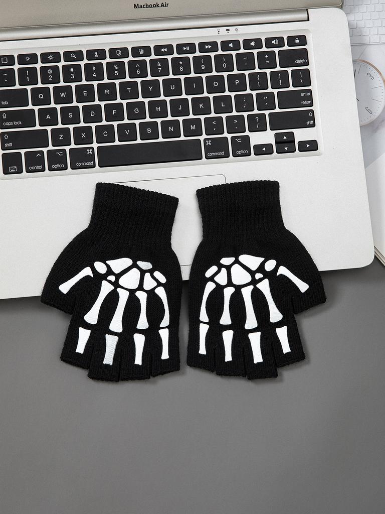 1 pair New Kids Halloween Skeleton Skull Half Finger Luminous Punk Gloves Winter Skull Fingerless Black Mitten