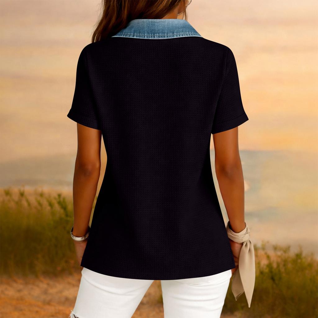 Womens Fashion Color Lapel Short Sleeved Denim Patchwork Button Up Shirt Loose Top