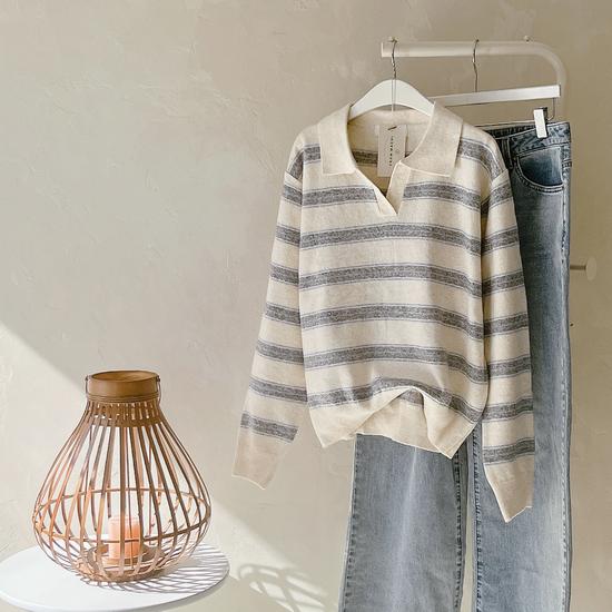Women s Striped Collar Knit Loose Fit Soft Daily Office Look Sweater ONE SIZE слоновая кость