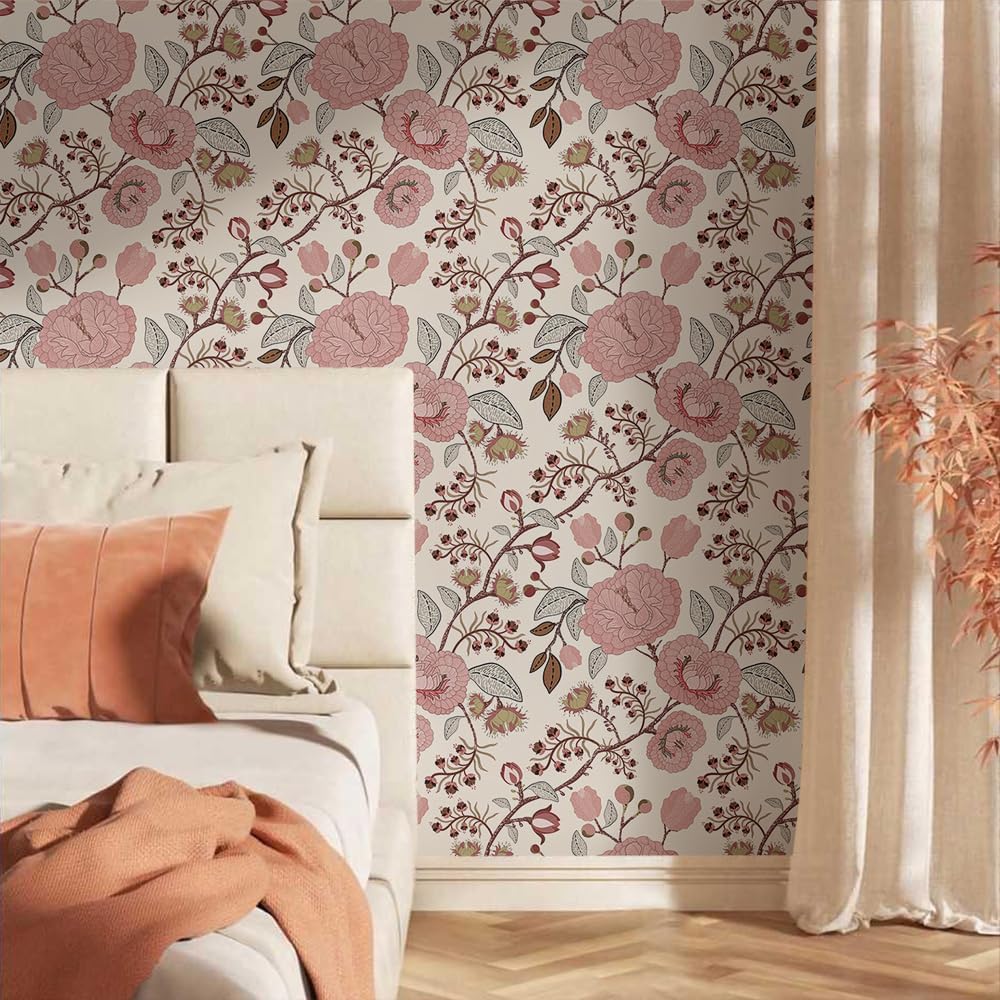 Vintage Pink Floral Peel and Stick Wallpaper Self Adhesive Wallpaper Removable Contact Paper Stick on Wall Paper for Kitchen