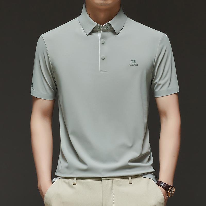 Mulberry Silk Short-Sleeved T-Shirt Men'S Lapel Solid Color Medium Loose Silk Polo Shirt On Clothes