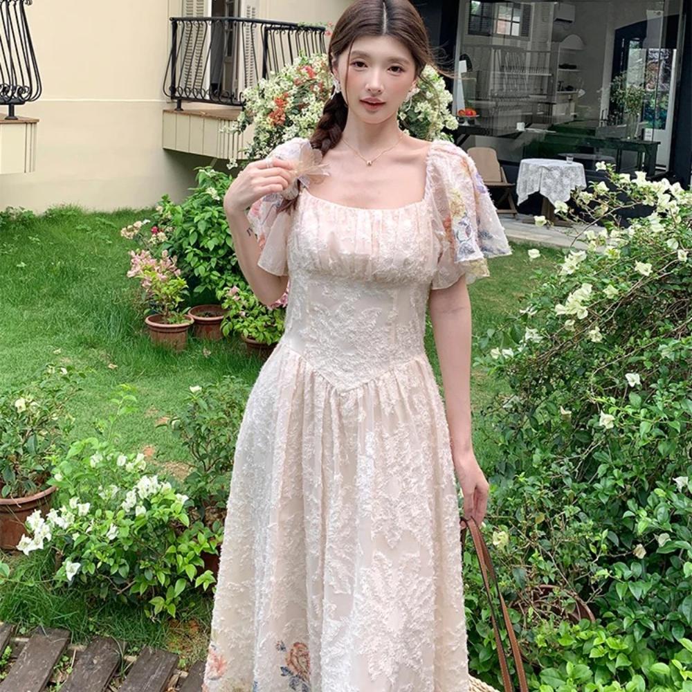 High Quality Chiffon Embroidered Print Square-Necked Summer Dress for Women Fashion Vacation Flying Sleeve Slimming Midi Dress