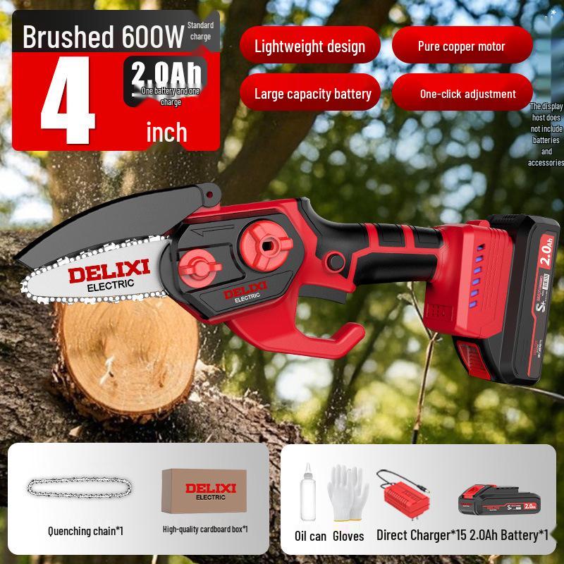Delixi Rechargeable Brushless Electric Chainsaw with Lithium Battery - Handheld Garden Pruning and Felling Tool for Fruit Trees.