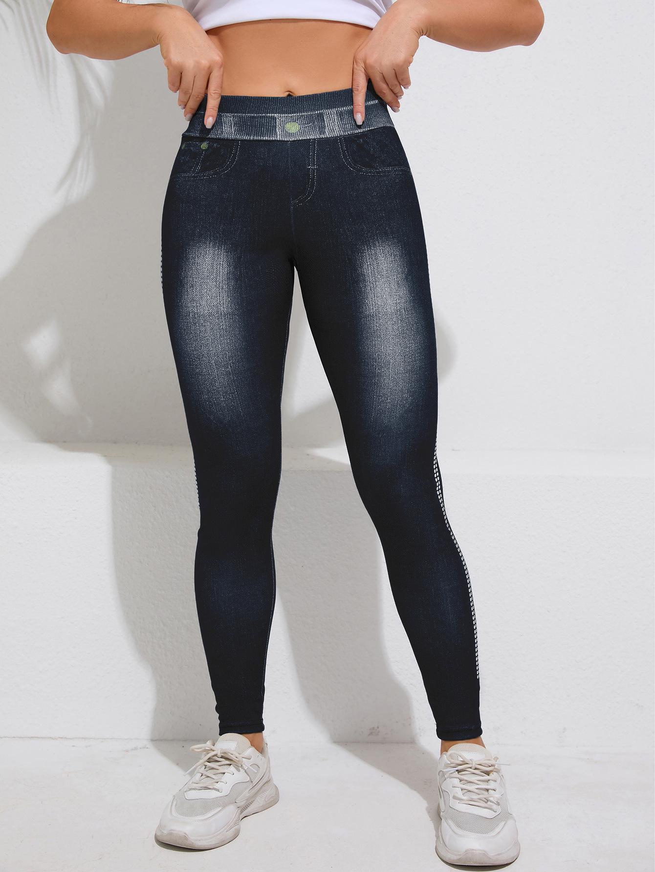 

Йога-брюки с принтом с высокой талией - Стильный европейский и американский имитационный деним, Спортивная одежда для женщин с эффектом лифтинга бедер Medium чёрный