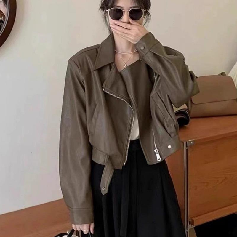 Autumn Winter Street Style Loose Casual Polo-neck PU Leather Zipper Jacket Women Y2K Hipster Cardigan Top Coat