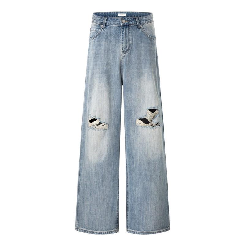 Mens Loose Straight Leg Jeans Distressed Washed Denim Pants Streetwear Punk Style Wide Trousers