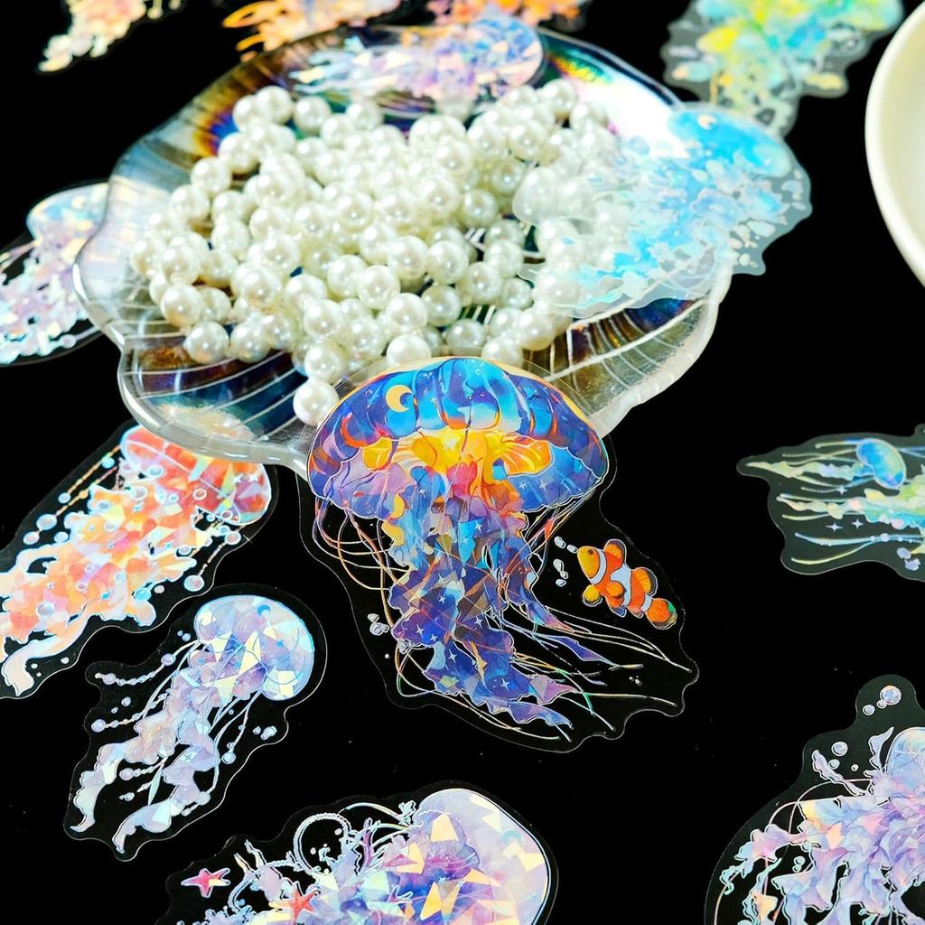 Of Rare Jellyfish Stickers Transparent Holographic Silver Foil Underwater Ocean Scrapbook Suitable for and Laptops 30-Pack - Stickers, Diaries,