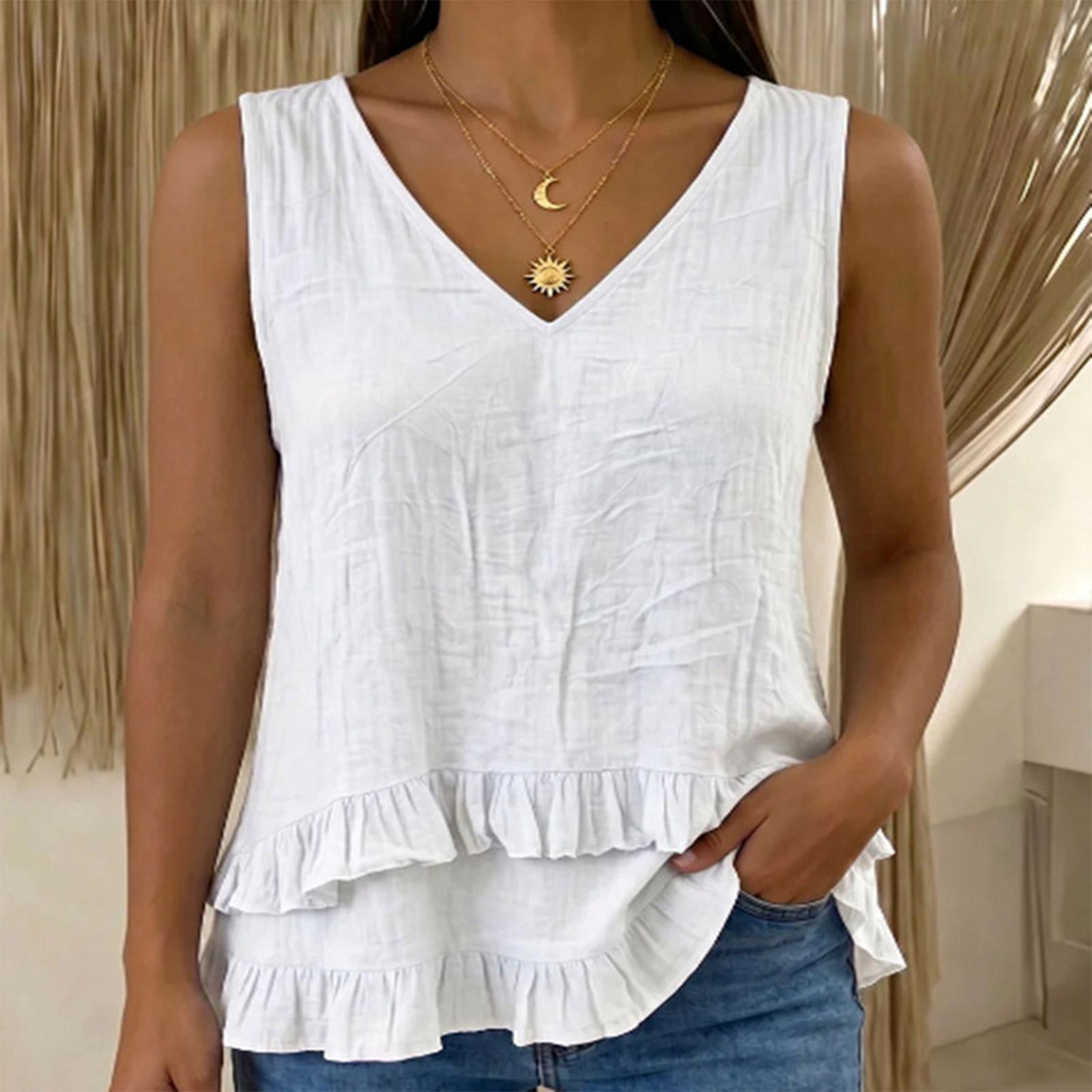 

Women’s Summer V Neck Sleeveless Loose Ruffle Hem Blouse Lightweight Layered Casual Tunic Top for Daily Wear M