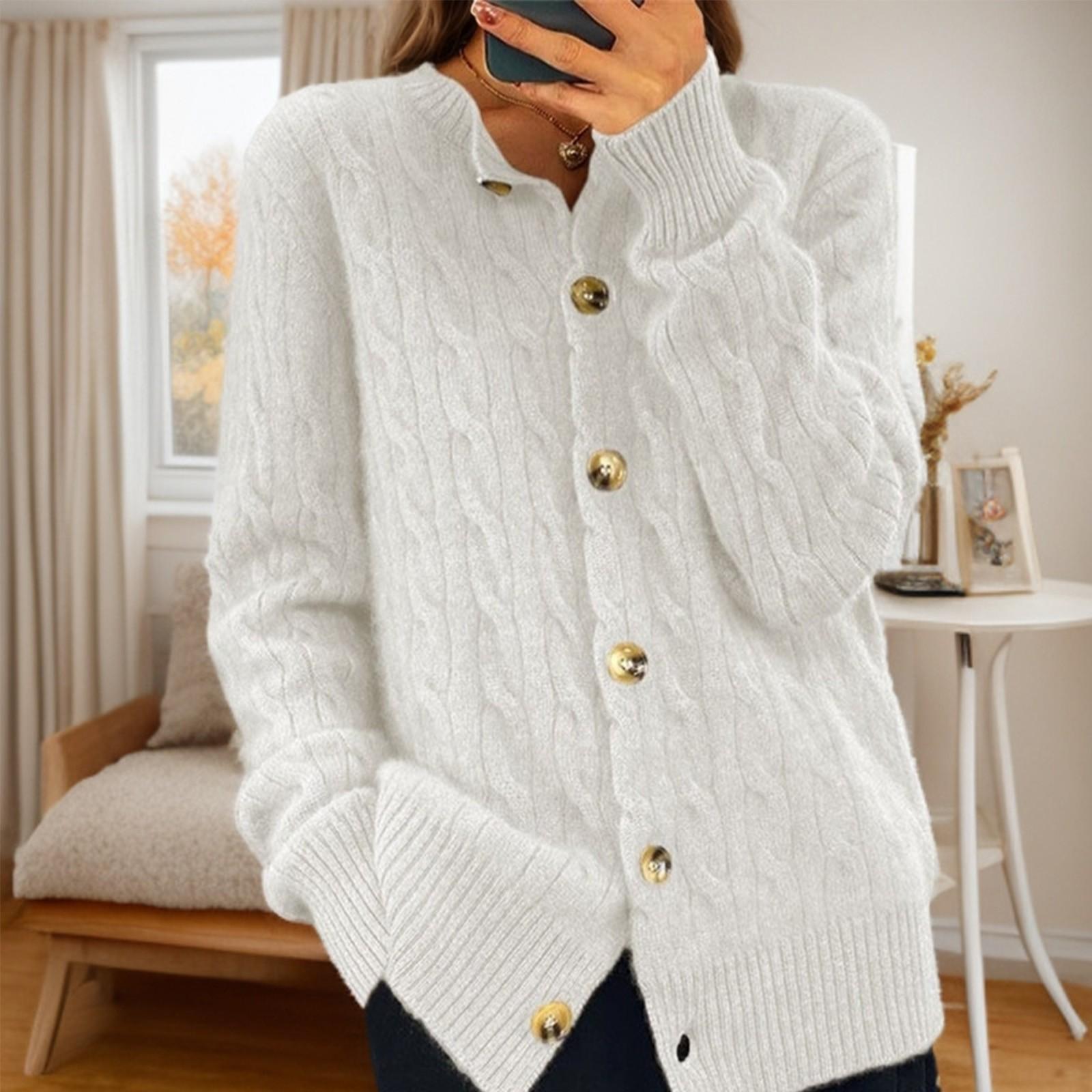 

Женская мода однотонный длинный рукав круглый вырез вязаный кардиган пуговиц свитер куртка XL белый