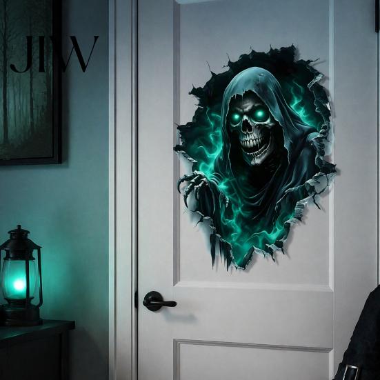 Removable Wall Art Halloween Theme Sticker, Horror Skull Decal, Waterproof Self-adhesive Haunted House Supplies Art, for Home Living Room Bedroom And