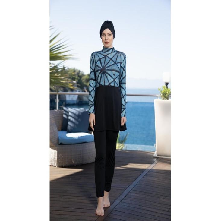 Blue Set Muslim Women Decent Branches Floral Print Seaside Swimwear Full Coverage Swimsuit Beachwear Burkini Swimsuit Set (Without Hijab)