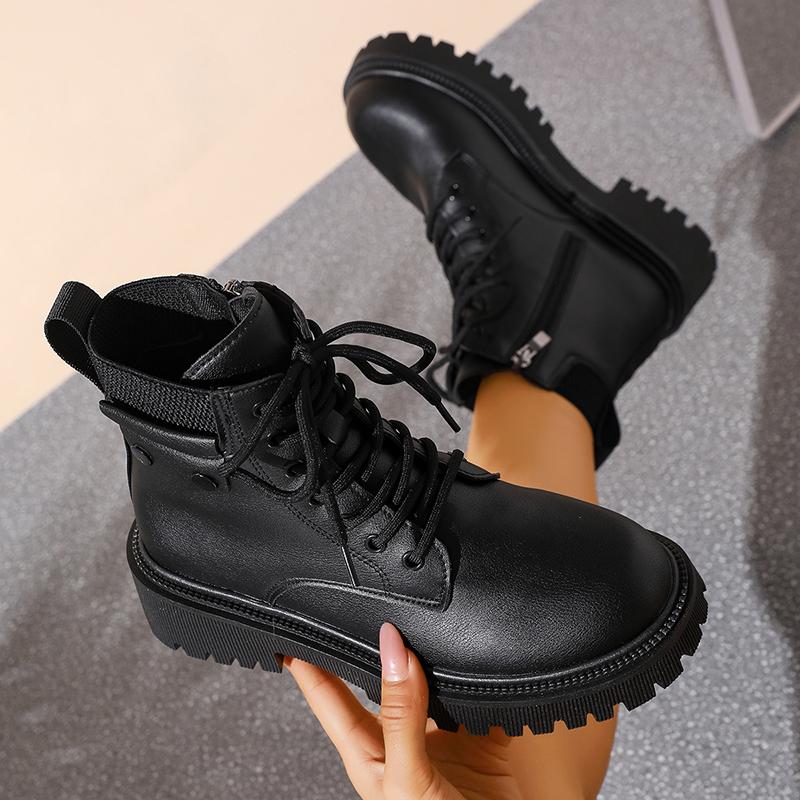 Fashion Winter Warm Thicken Plush Ankle Boots Women Fashion Lace Up Platform Combat Boots Woman Comfort Zipper Pu Leather Short Booties