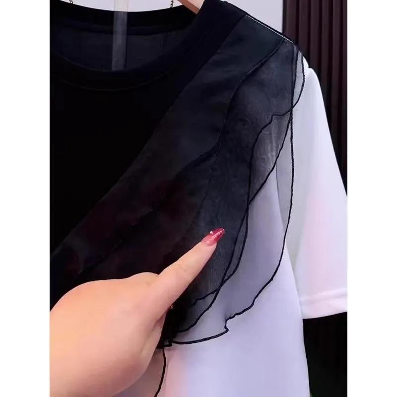 Camiseta Feminina de Verão Renda Tamanho Plus Size Patchwork Cor Contrastante Manga Curta Gola Redonda Pulôver Soltinho