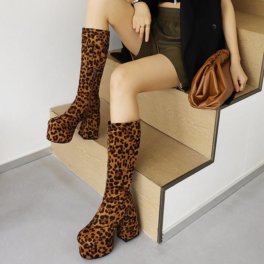New Super High Thick Heel Leopard Print Short Plush Lining Women's Knee-Length Boots High Waterproof Platform Flock Zipper Boots