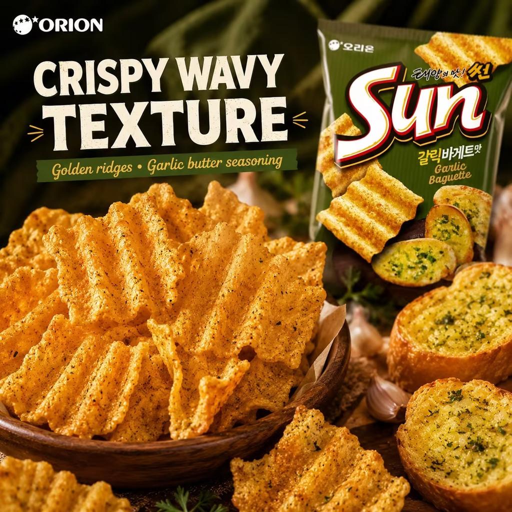 Orion Wavy Corn Chips French Garlic Bread Flavor 70g french‑garlic‑flavor crispy corn snacks