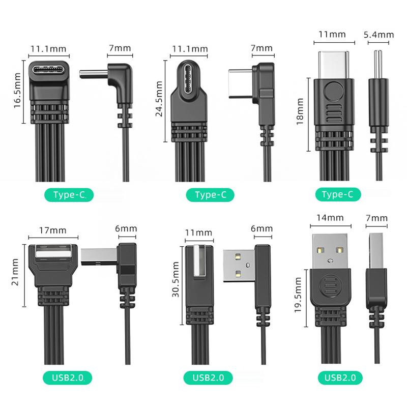 USB2.0 To Type C Data Cable Splitter Up Down Left Right Angle Wire Flat Cord USB C Data Transfer 2A Powe Supply Sync Extend Line