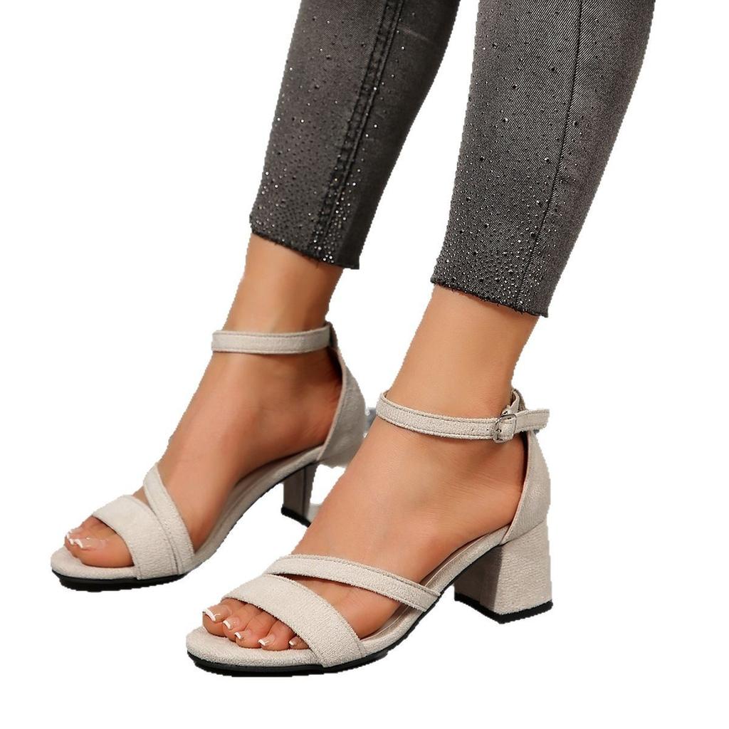 Coarse-heeled buckle sandals women's one-word buckle summer new fashion high-heeled sandals women