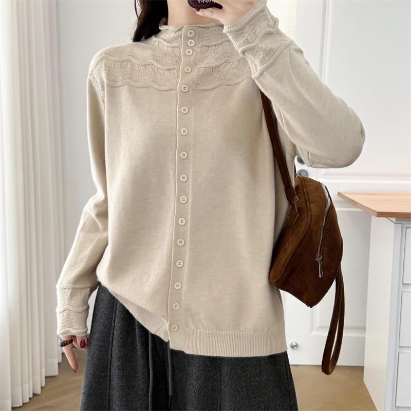 

2026 Spring Women s Plus Size Jacquard Knit Cardigan with Stand Collar, Long Sleeve, Fashionable Top. 2XL хакі
