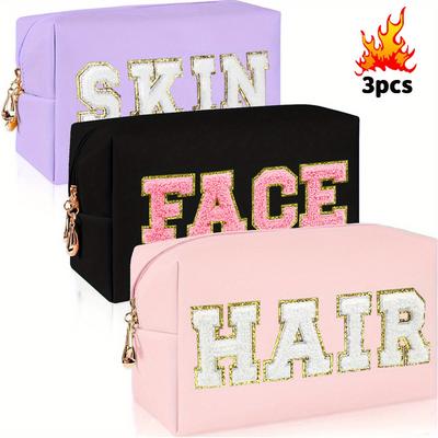 Makeup Bag for Women Travel Toiletry Bag Chenille Letter Cosmetic Bag Pouch Cute Zipper Organizer, Skin, Hair and Face
