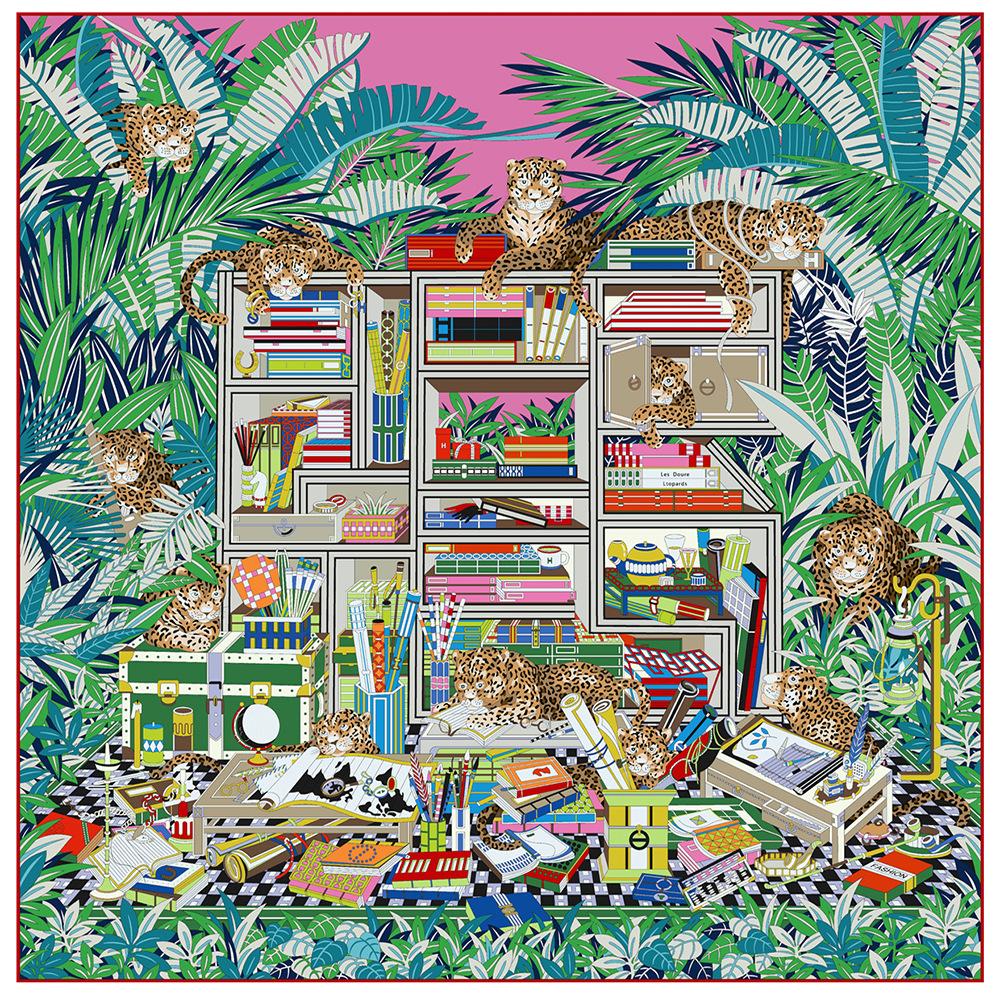 New 90CM Brand Luxury Twill Silk Scarf for Women Leopard Jungle Library Wrap Headband Shawl Stole Hijab Lady Square Scarves