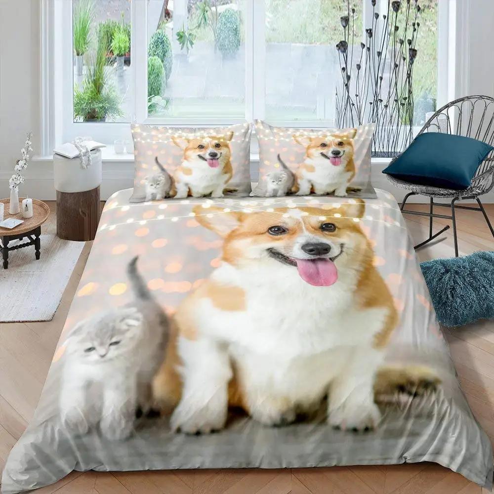 Boys Girls Kids 3D Bedding Cute Animal Pet Kitten Lovely Kitten Puppy Duvet Cover Cartoon Dog Animal Design Bedroom Decoration