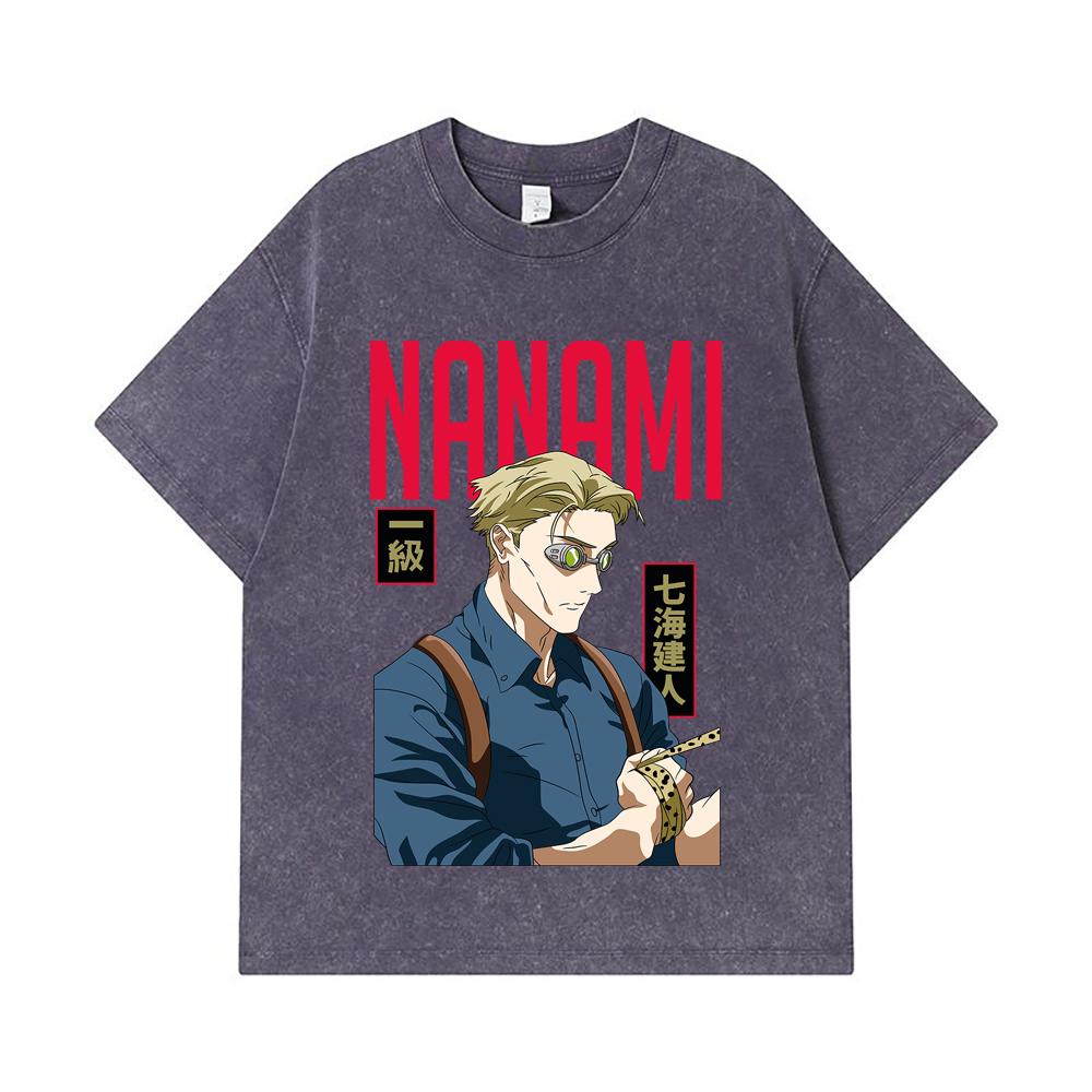 275 GSM Washed T-shirts 100% Cotton Jujutsu Kaisen V60 Nanami Print Unisex Heavy Cotton T Shirt
