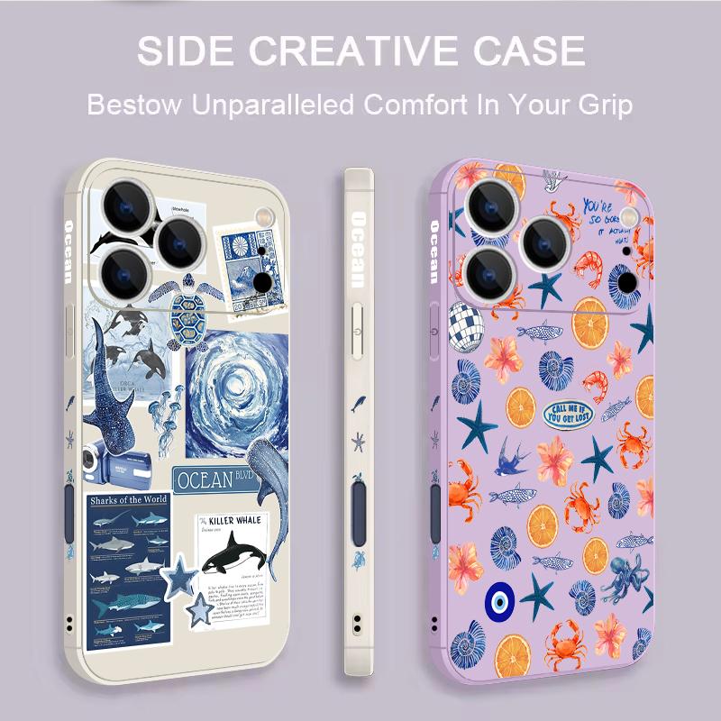 Contrast Color Cartoon Fish Conch Pattern Case For iPhone 16 Pro Max Magnetic For Magsafe Soft Cover For iPhone 17 15 14 13 Pro Max 17E 16E
