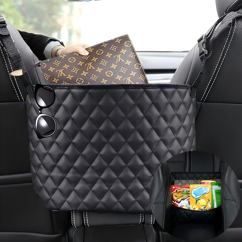 Car Handbag Holder Between Seat Durable Leather Seat Back Organizer Pet & Kids Driver Storage Netting Pouch Driver Storage Netting Pouch (Upgraded чёрный