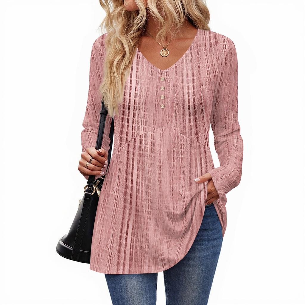 Women's Casual Fashion V-Neck Button Textured Long Sleeve Top