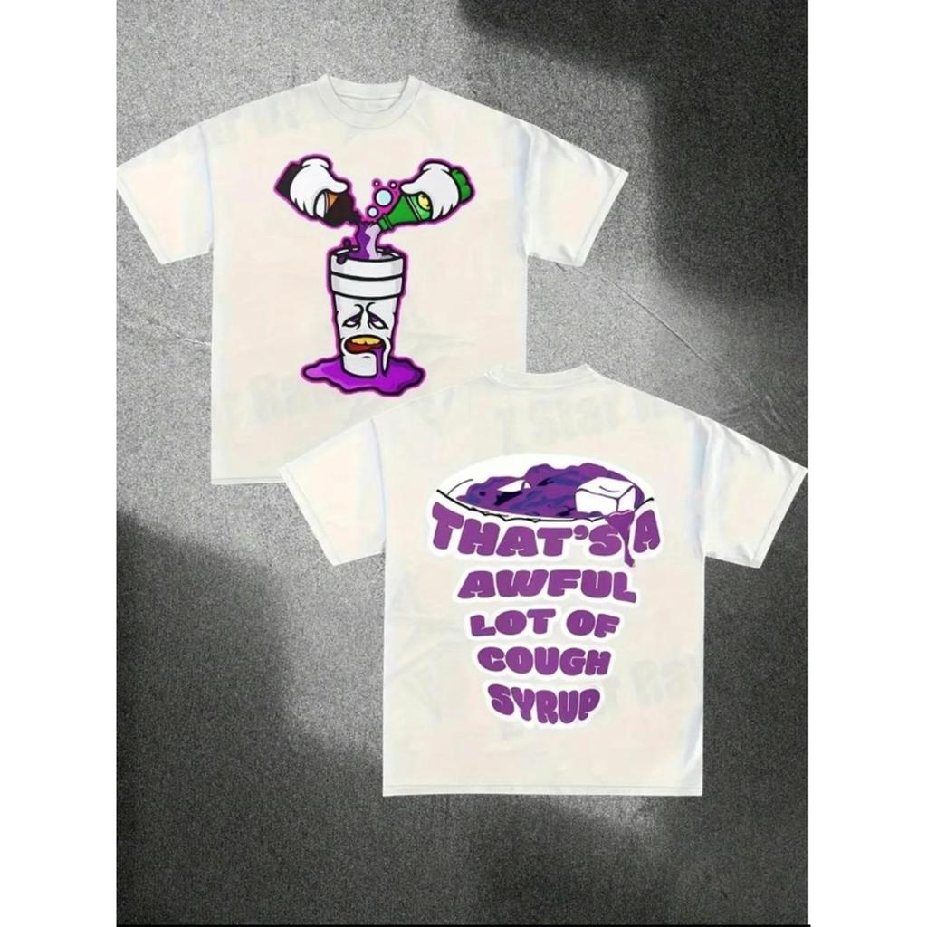 Men's Retro Pattern Cotton T-Shirt That'sTerrible Cough Syrup"Design Casual Crew Neck Short Sleeve T-Shirt Neutral Loose Version