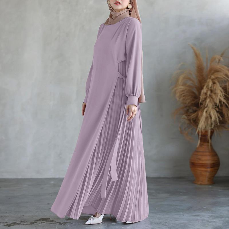 ZANZEA Muslimisches lässiges unregelmäßiges plissiertes Design Damen lockeres Langarmkleid