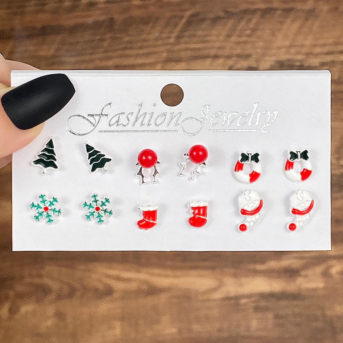 

Alloy Snowflake & Bell Stud Earrings: Hot Selling Cartoon Drip Oil Cane Old Man Earrings Set for Women