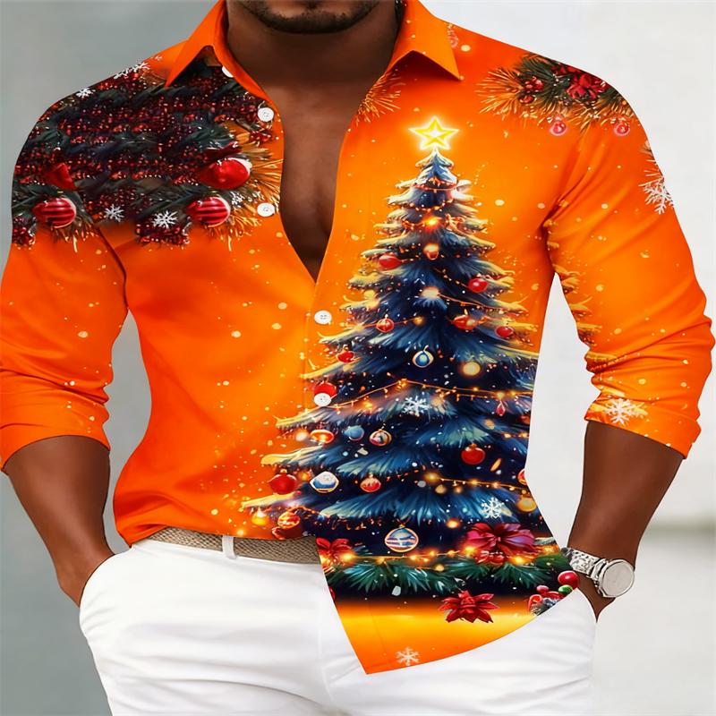 2026 Men's Christmas Tree Printed Men's Button Pocket Long Sleeve Shirt Large and Tall