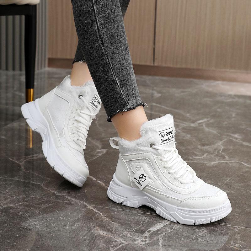 Comemore Autumn and Winter Warm Cotton Shoes Splicing Women's Platform Sneakers Casual Lace Up Sports Leather Heightening Shoes
