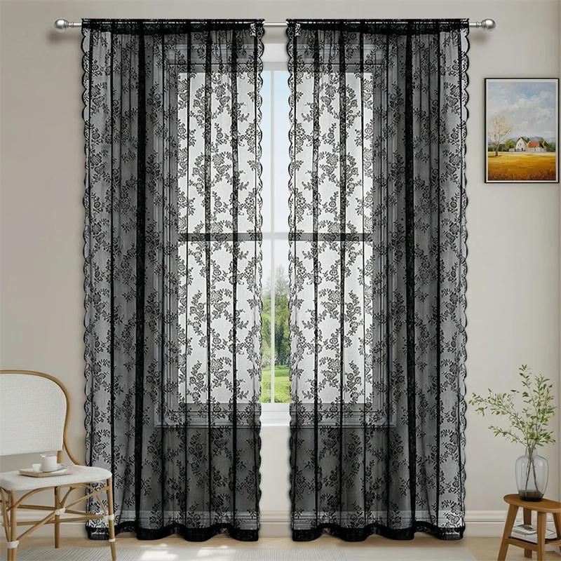 1 Panel Vintage Lace Curtains Rod Pocket Sheer Curtain Long-Romantic Flowers Branch Window Curtain for Living Room French Decor