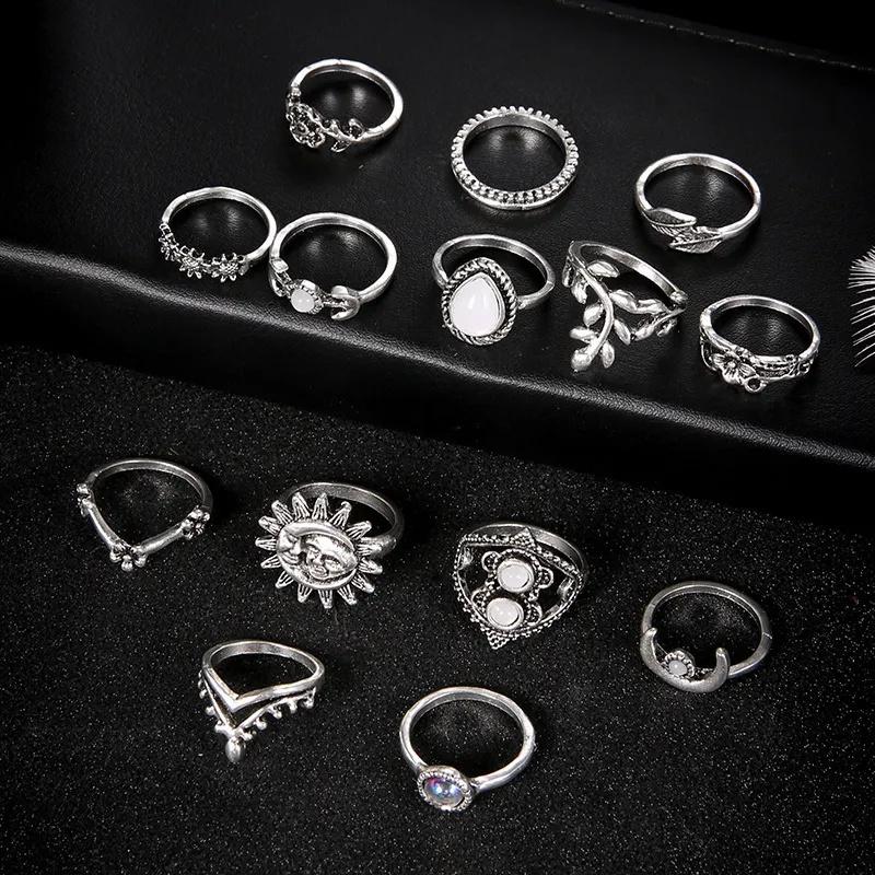 14pcs/Set Women Bohemian Vintage  Stack Rings Above  Blue Rings Set