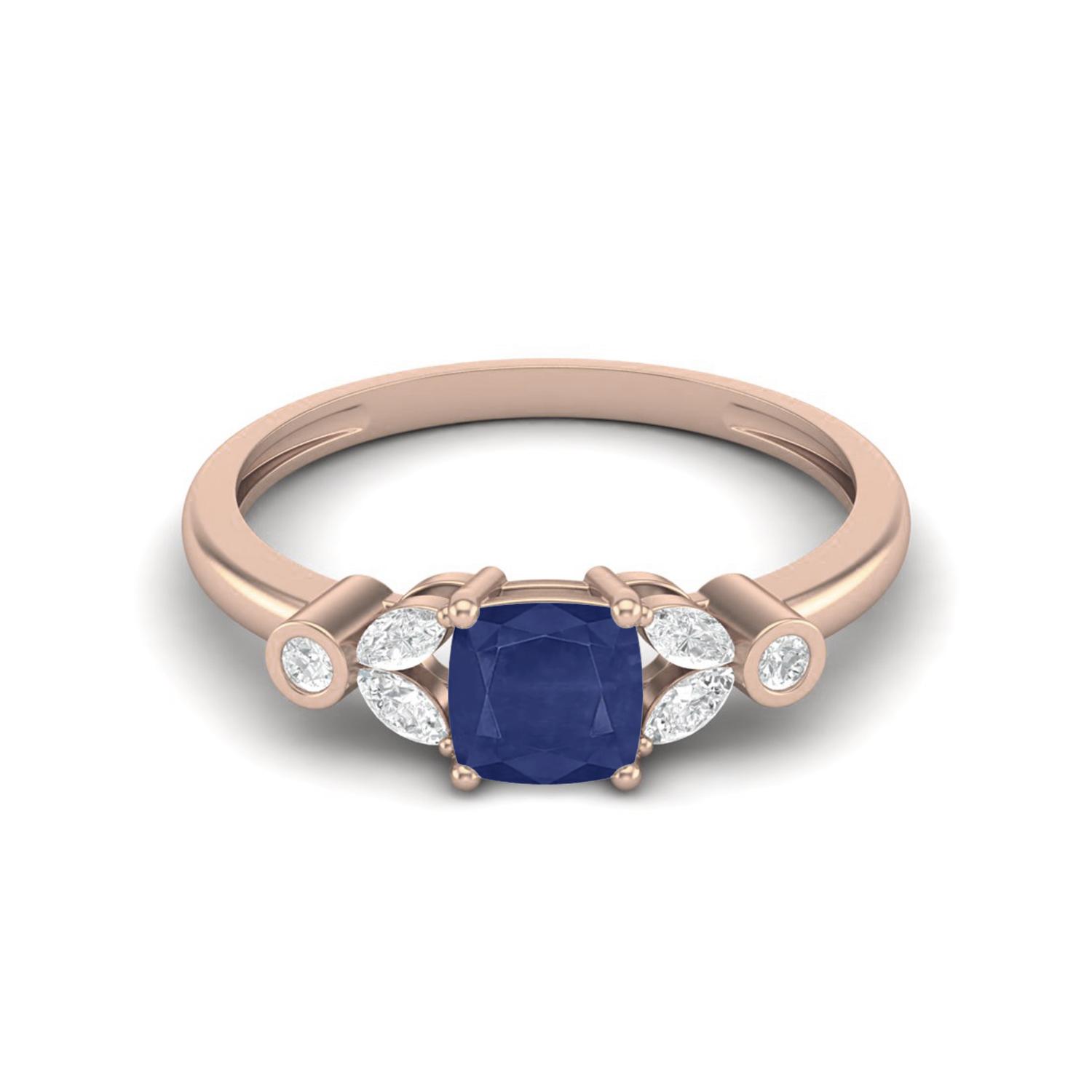 2.05 Cts Cushion Blue Sapphire 925 Sterling Silver Rose Vermeil Classic Accent Women Wedding Ring
