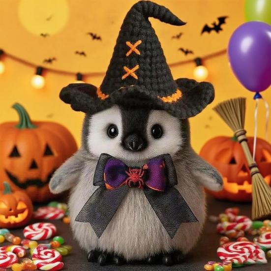 Halloween Penguin Doll 10" Penguin Plush Doll Toy with Knitted Witch Hat Small Stuffed Animal Desktop Decoration Gifts for Kids Boys Girls