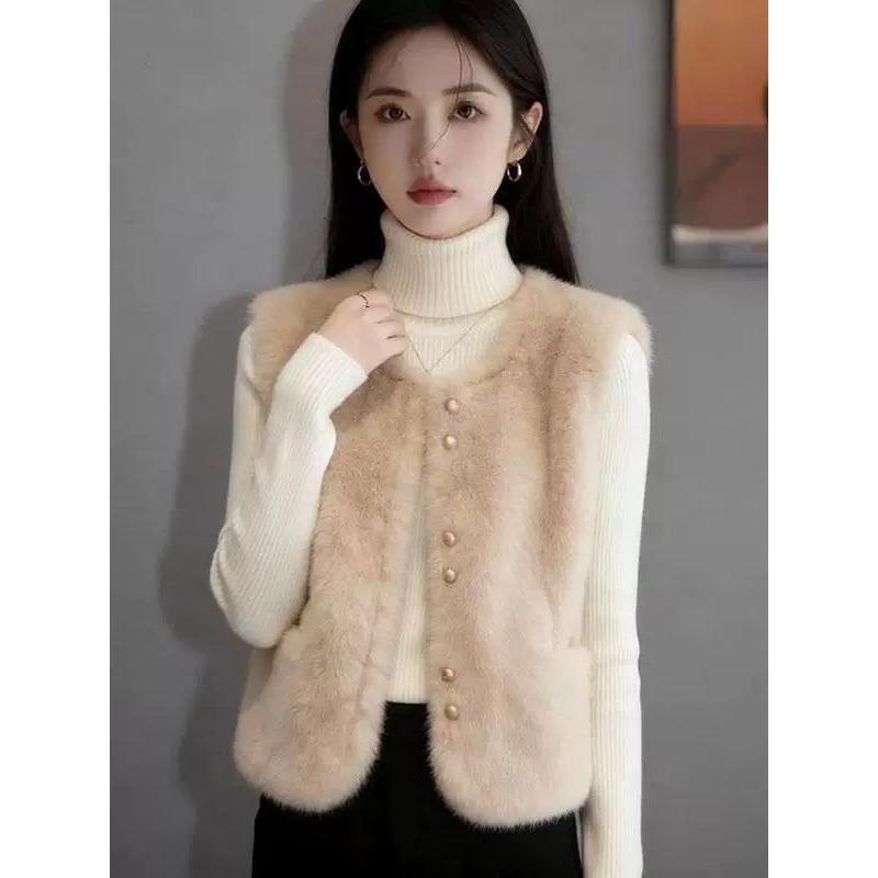 Korean Style Elegant Sleeveless Faux Rabbit Fur Thick Warm Vest