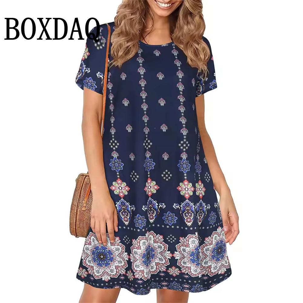 Vintage O Neck Floral Dress Womens Vintage Short Sleeve Summer A-Line Elegant Party Dresses Ladies Casual Loose Bohemian Dresses