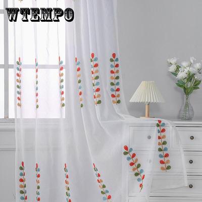 Kolorowa kurtyna z gazy haftowanej we wzór liści, w stylu nordyckim, w całości z poliestru, przepuszczająca światło, haftowana kurtyna z gazy