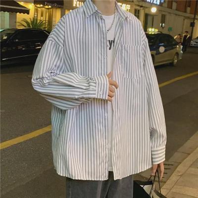 Harajuku Men’s Trendy Striped Long-Sleeve Shirt – Korean & Hong Kong Style for Spring & Autumn