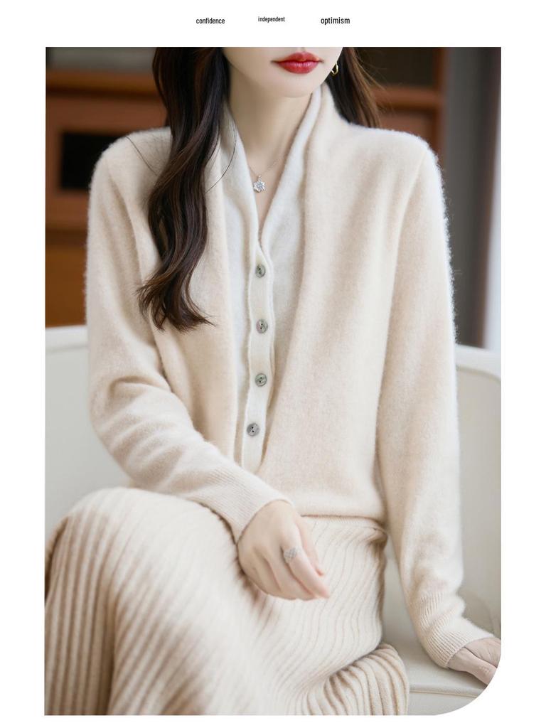 V Yaka Renk Bloklu %100 Yün Örgü Hırka - Sonbahar & Kış İki Parçalı Fransız Günlük Kazak Ceket