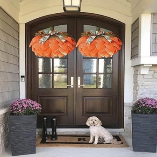 Farmhouse Pumpkin Wreath for Front Door Autumn Burlap Pumpkin Garland with Bows Berries for Fall Halloween Christmas Thanksgiving Home Porch Decor