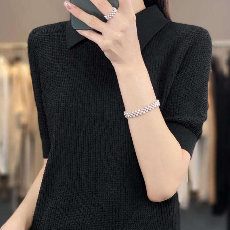 

Кукольный воротник Трикотажная футболка с коротким рукавом из ледяного шелка Летняя новинка Однотонная Свободная и Универсальная Темпераментная базовая футболка Топ XXL