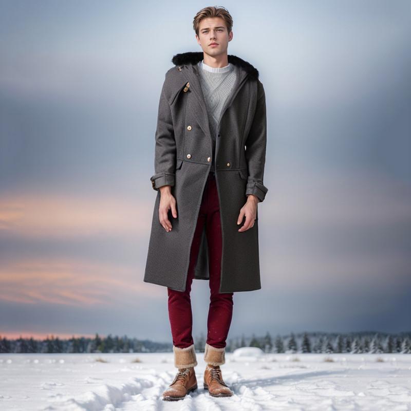 Lässige Tweedjacke in Volltonfarbe, schmaler Zweireiher, Mantel mit Haarkragen für junge Männer