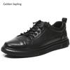 Fashion Golden Sapling Black Genuine Leather Flats for Men Fashion Soft Cowhide Platform Vulcanize Shoes Skateboarding Sneakers Male